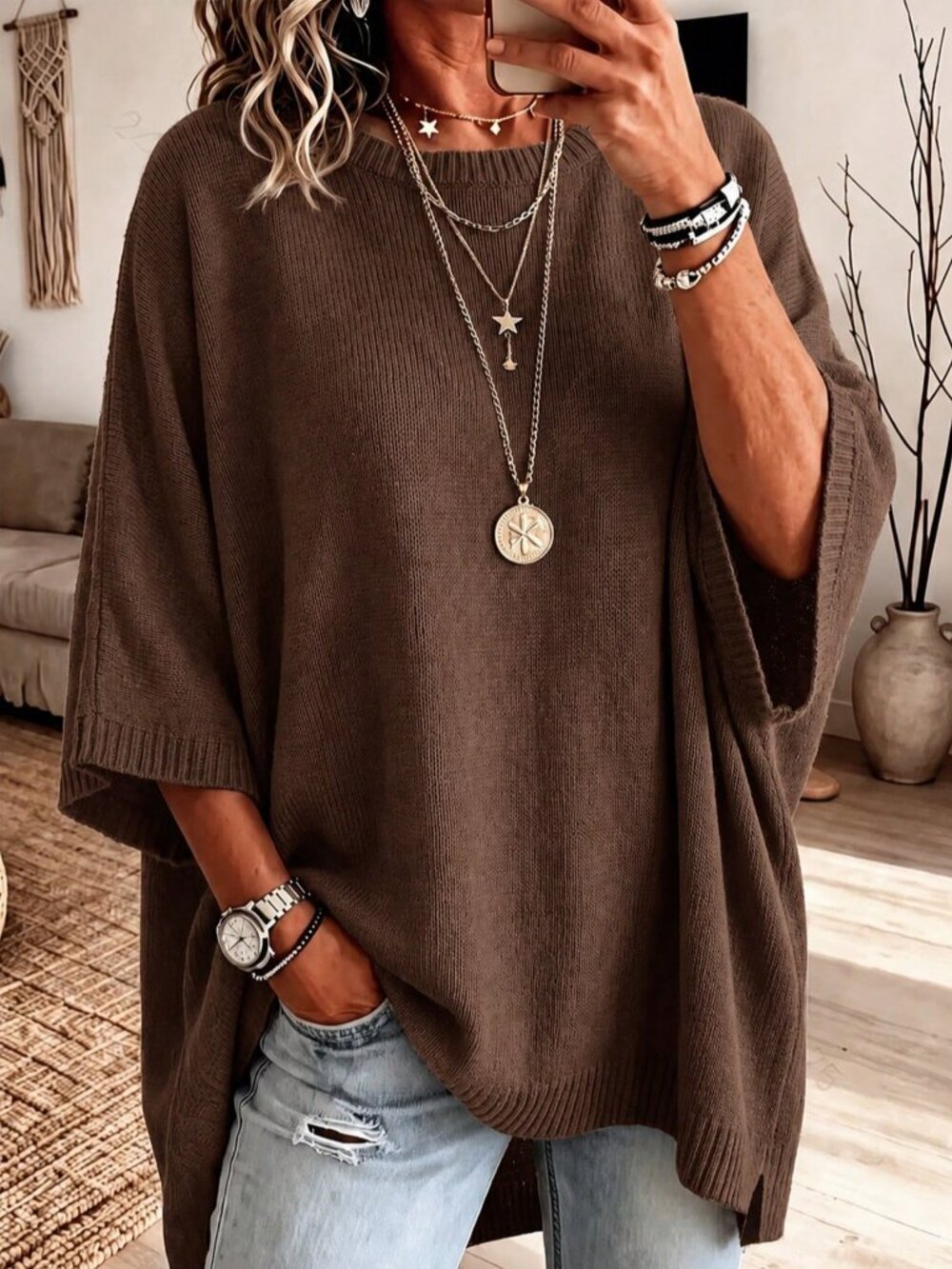 Brown Casual Women's Plus Size Loose Round Neck 3/4 Sleeve Side Slit Pullover